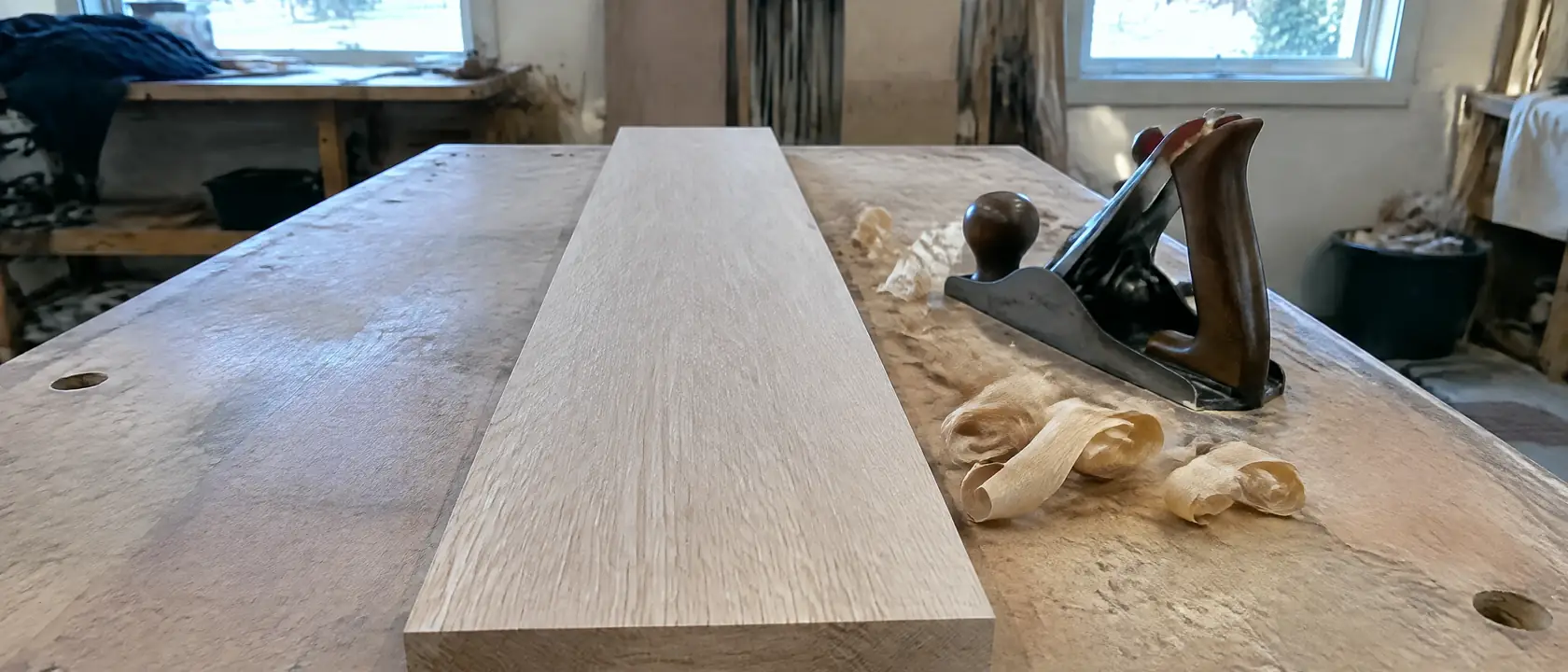 A raw rift-cut white oak board showing straight grain and fine ray fleck on a workshop bench