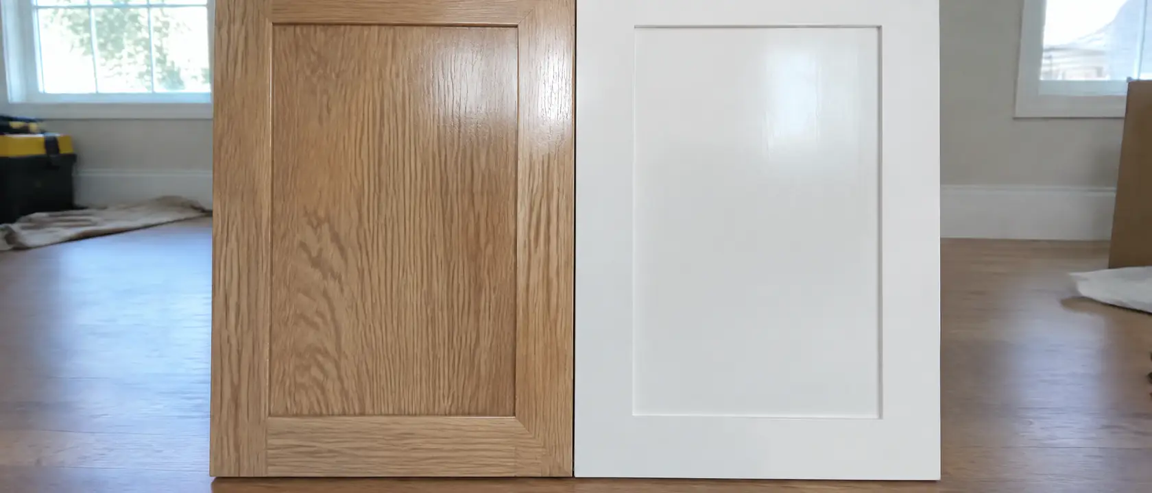 Two finished sample panels showing satin clear over oak beside sprayed white