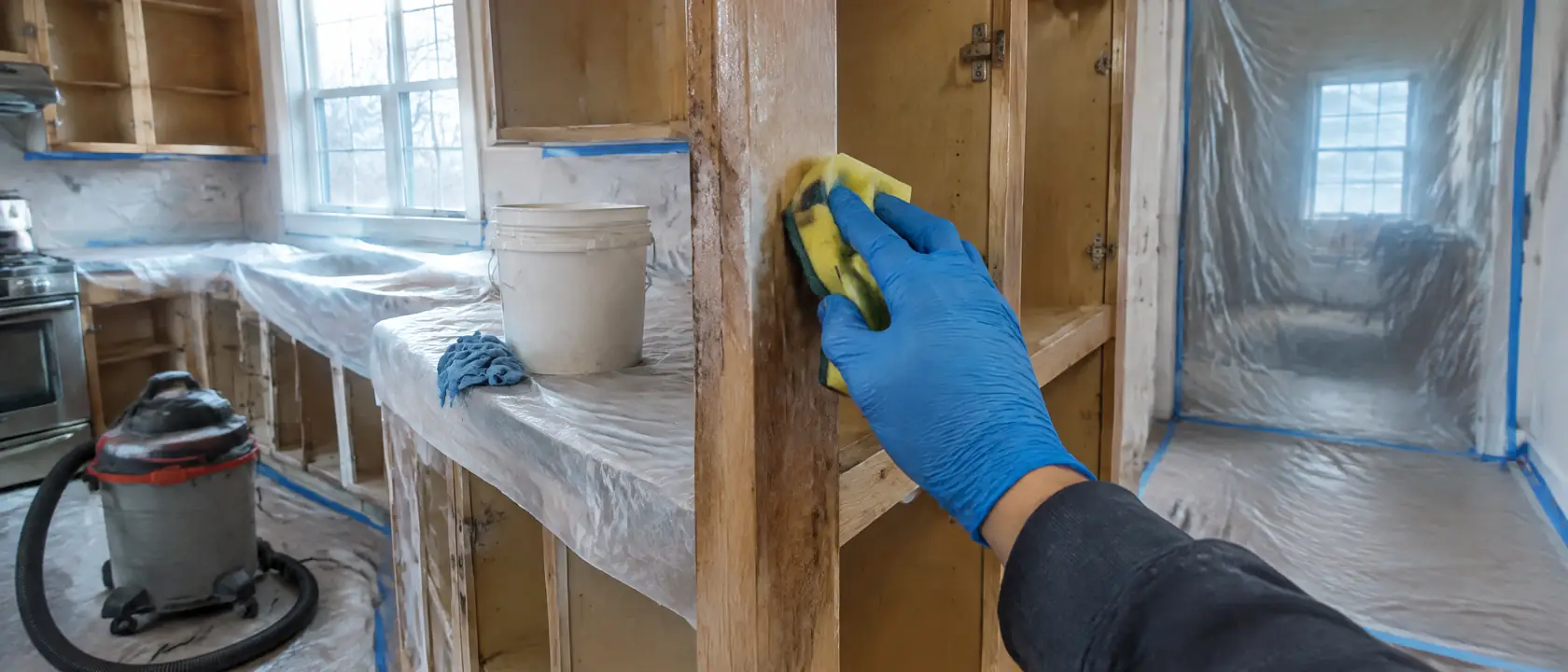 Kitchen sealed in plastic sheeting with the cabinet doors off while a gloved hand degreases a face frame before priming