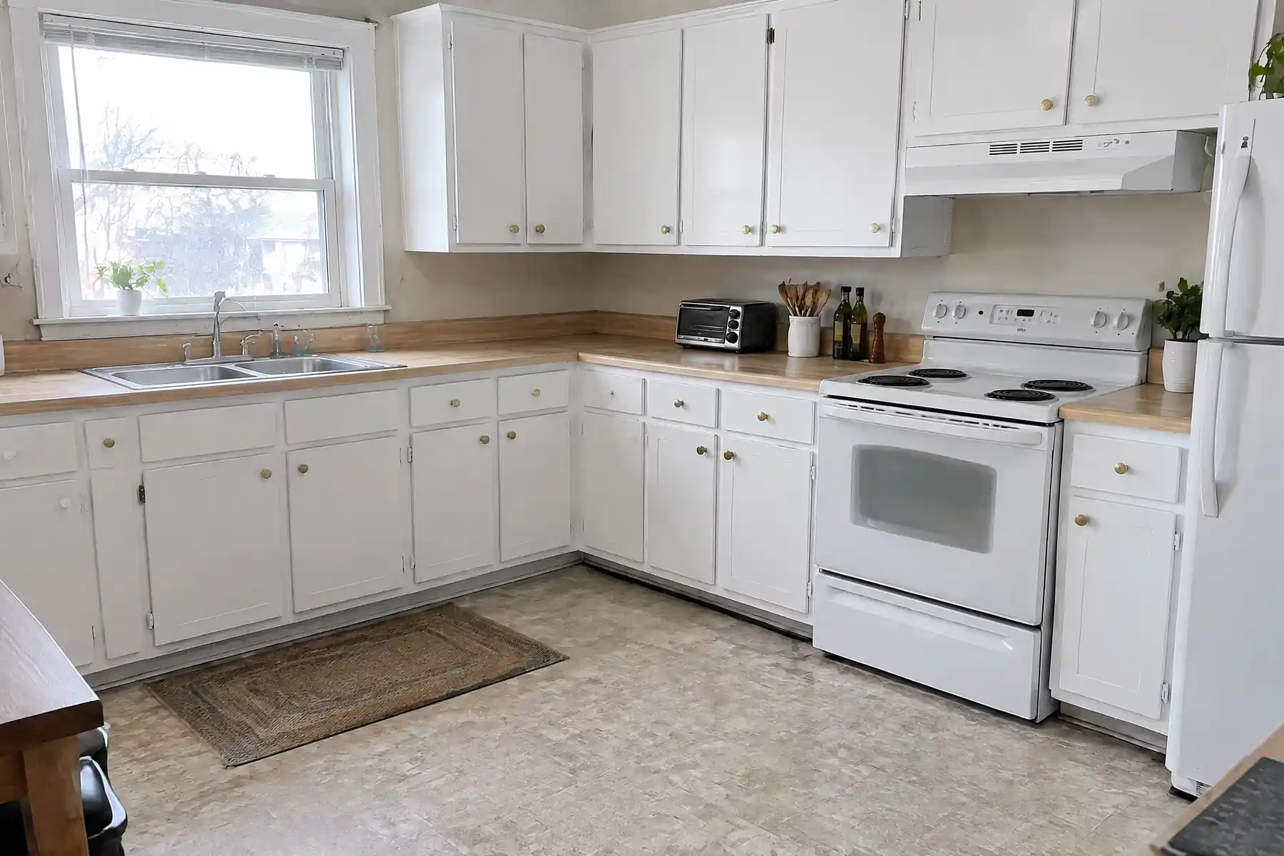 The same kitchen after cabinet painting with an even sprayed satin white finish