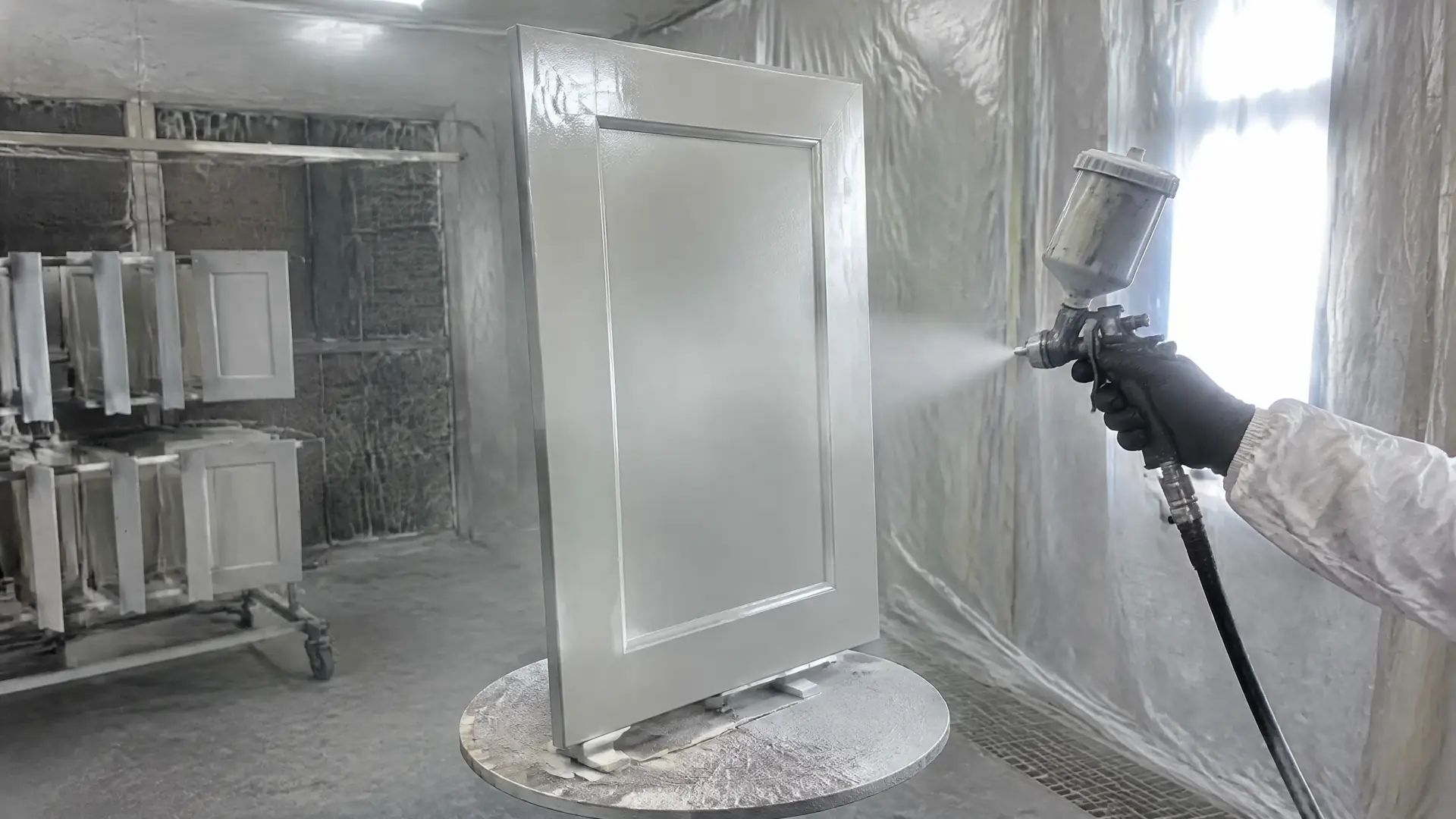A gloved hand passing a spray gun across a cabinet door front in a shop spray booth