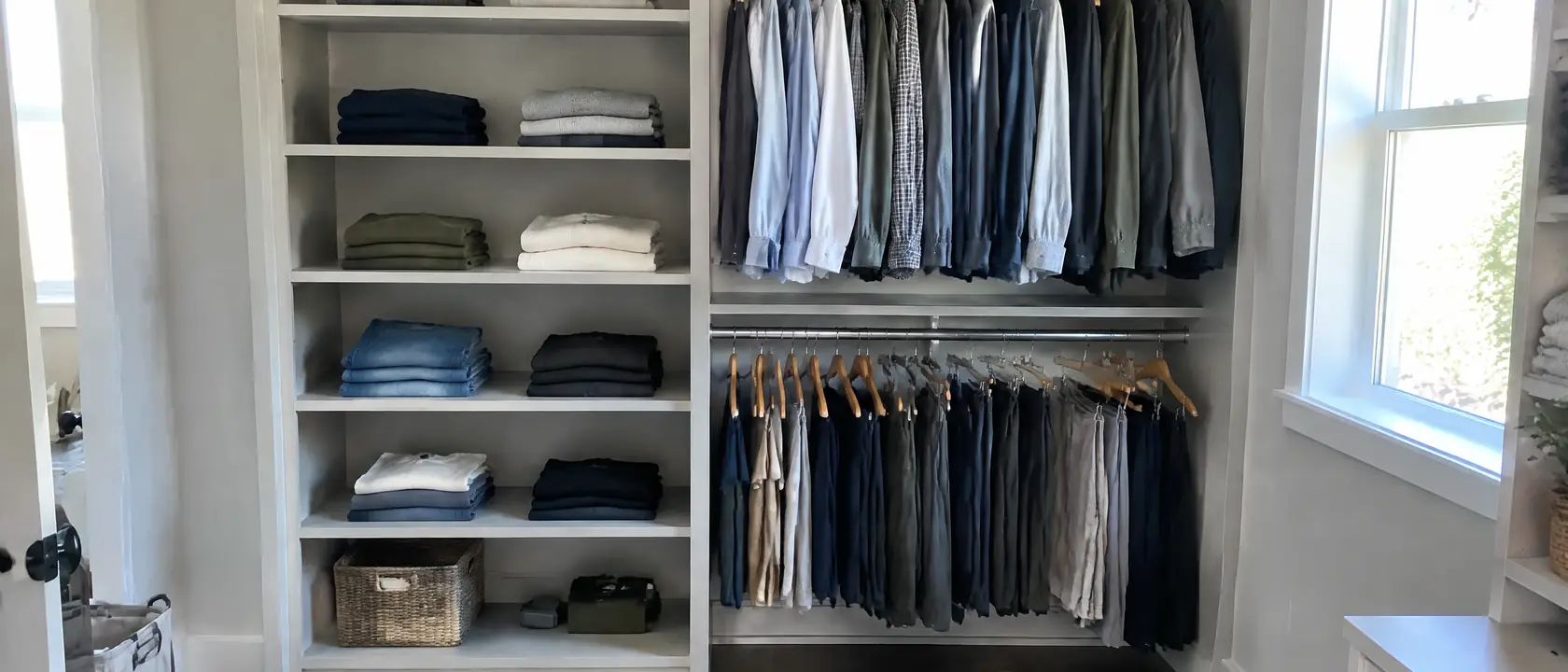 A fitted closet interior in painted plywood with open shelves beside a double hanging rail