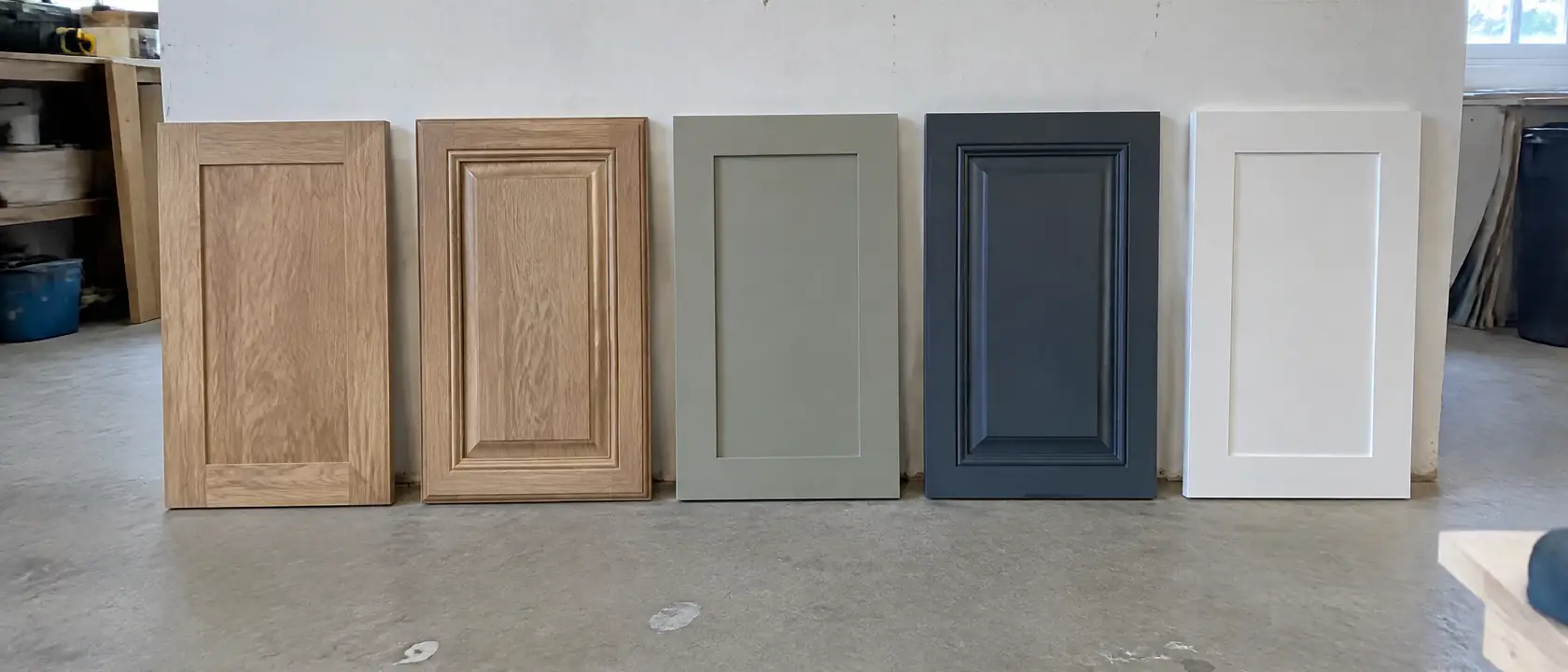 Five cabinet door samples in a row showing different profiles from raw oak to sprayed white
