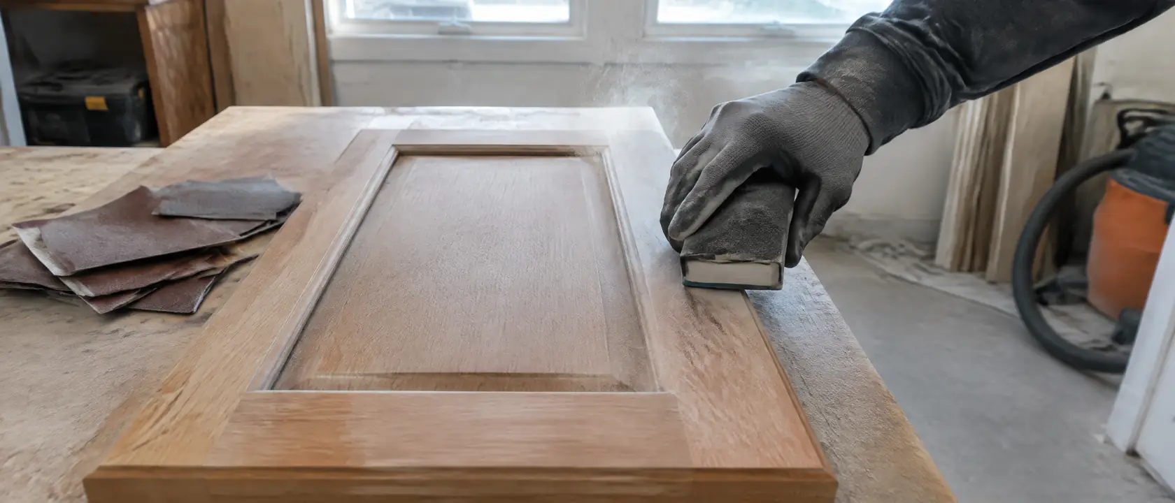 A gloved hand working a sanding block along the rail of a cabinet door on the bench