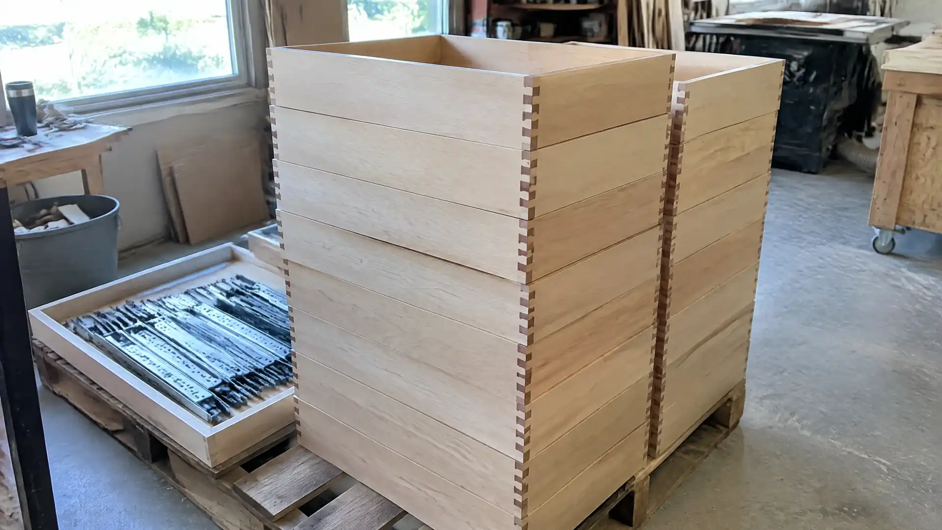 Solid maple dovetailed drawer boxes stacked on a pallet beside undermount slides