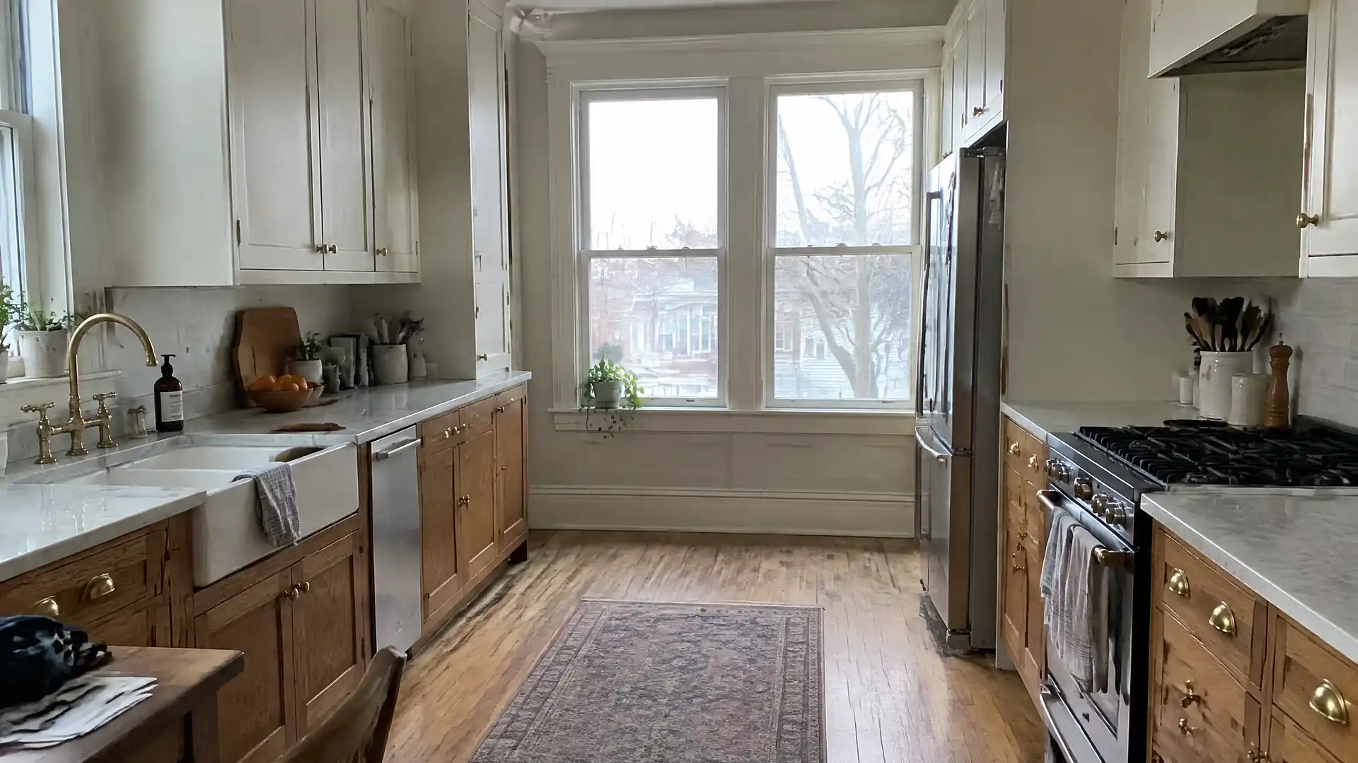 A finished two-tone kitchen with warm oak lowers, painted uppers and aged brass hardware