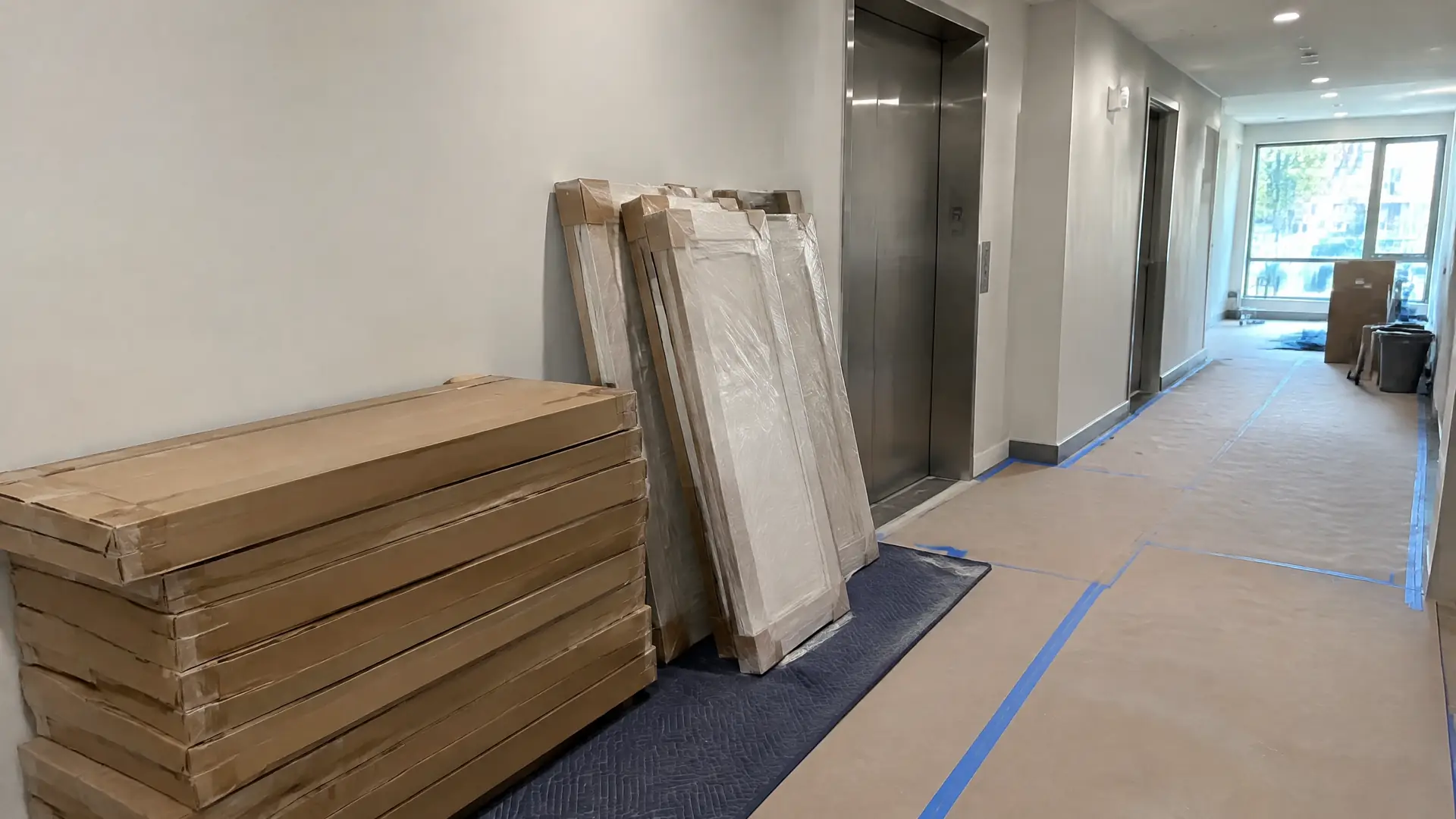 Wrapped cabinet fronts stacked on a moving blanket beside an elevator lobby with floor protection down