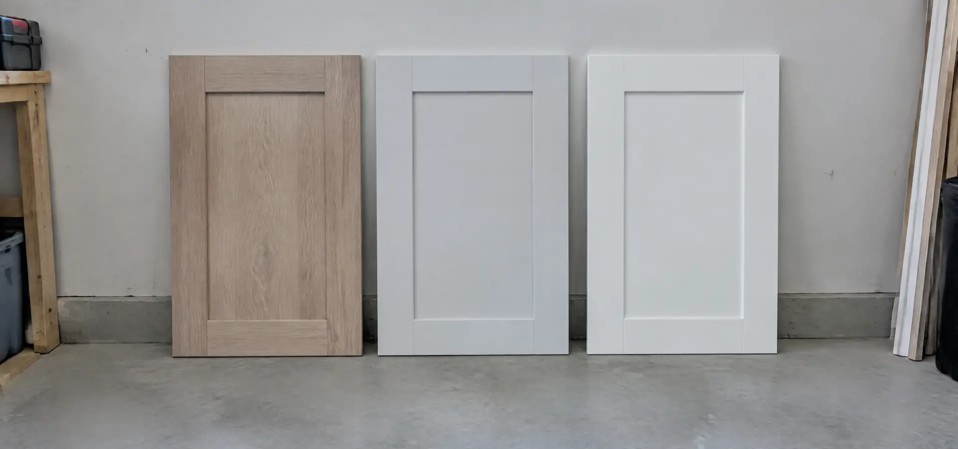 Three cabinet door samples in raw oak, primer and sprayed satin white stood against a shop wall