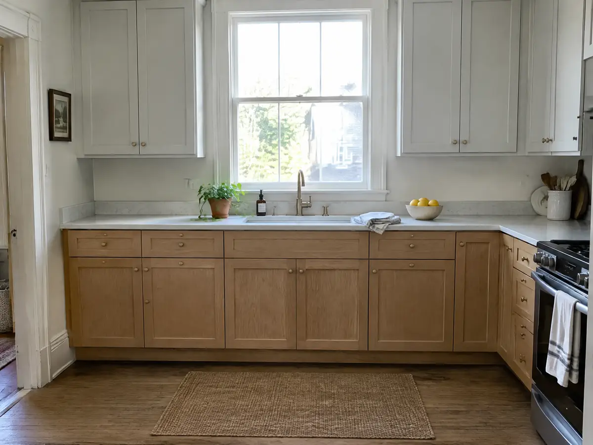 A finished kitchen with light oak lower cabinets, painted uppers and a double-hung window over the sink