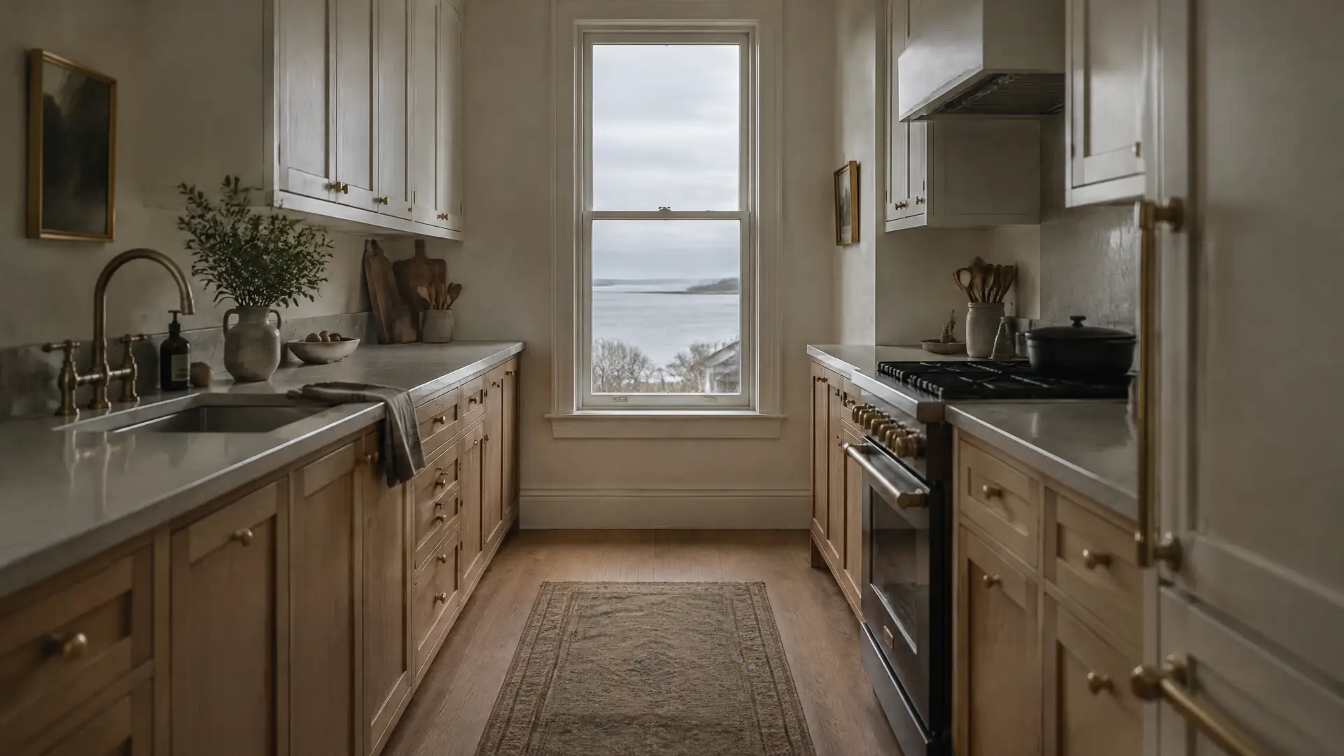 Galley kitchen in an older house with white oak lower cabinets, painted uppers, brass hardware and a window at the far end