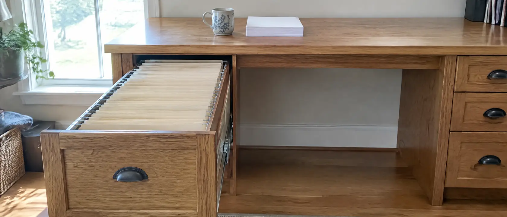 Built-in desk file drawer pulled out on heavy slides and packed with hanging folders under a solid oak desktop