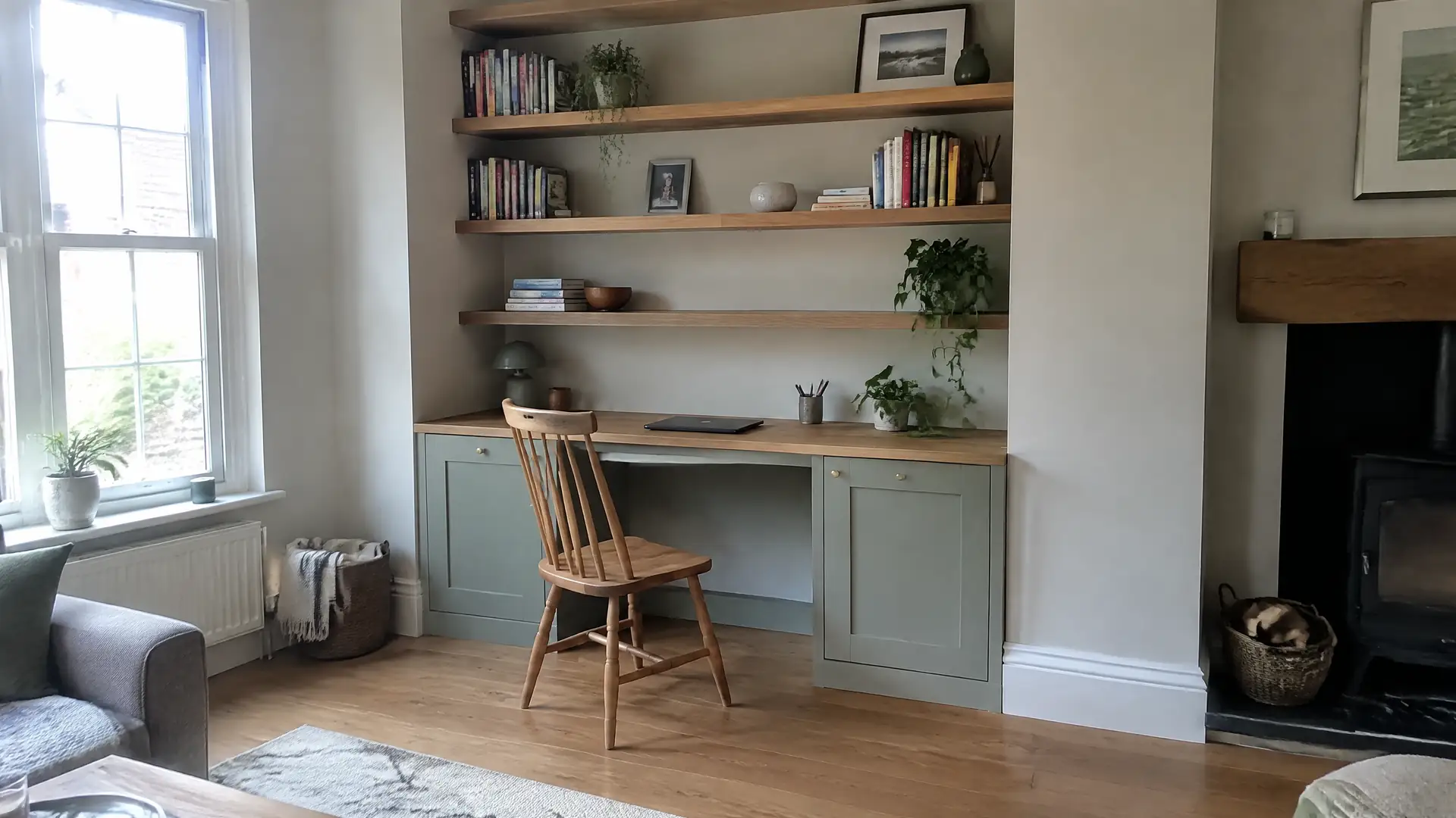 A built-in desk with painted cabinetry below and open oak shelves above in an alcove