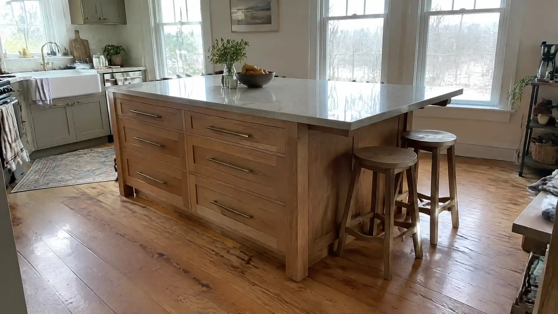A warm oak kitchen island with deep pan drawers and a stone top over wide old floorboards
