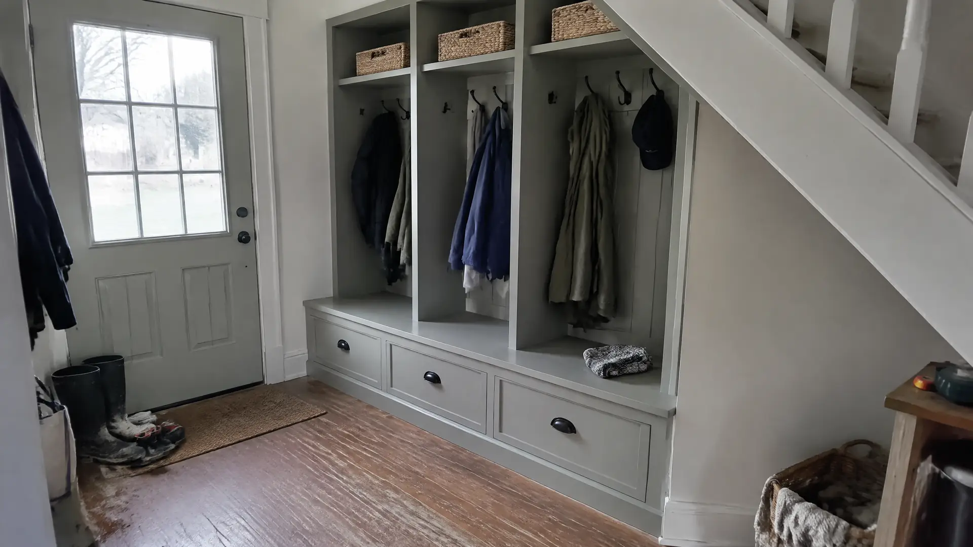 Three painted mudroom lockers with cubbies above and a bench with shoe drawers below