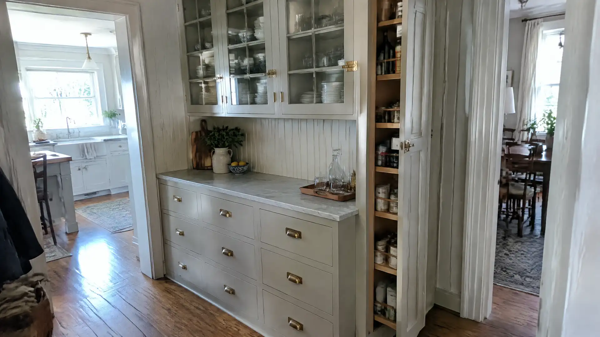 A butler's pantry with glass-front uppers over drawers and a pull-out pantry unit half open