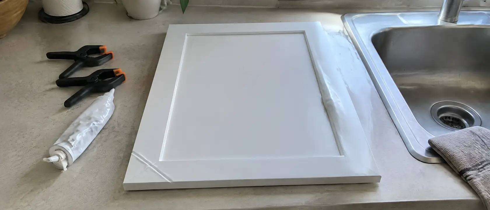 Plastic-skinned cabinet door after a failed re-glue, a bubble along one edge and a clamp mark across the corner