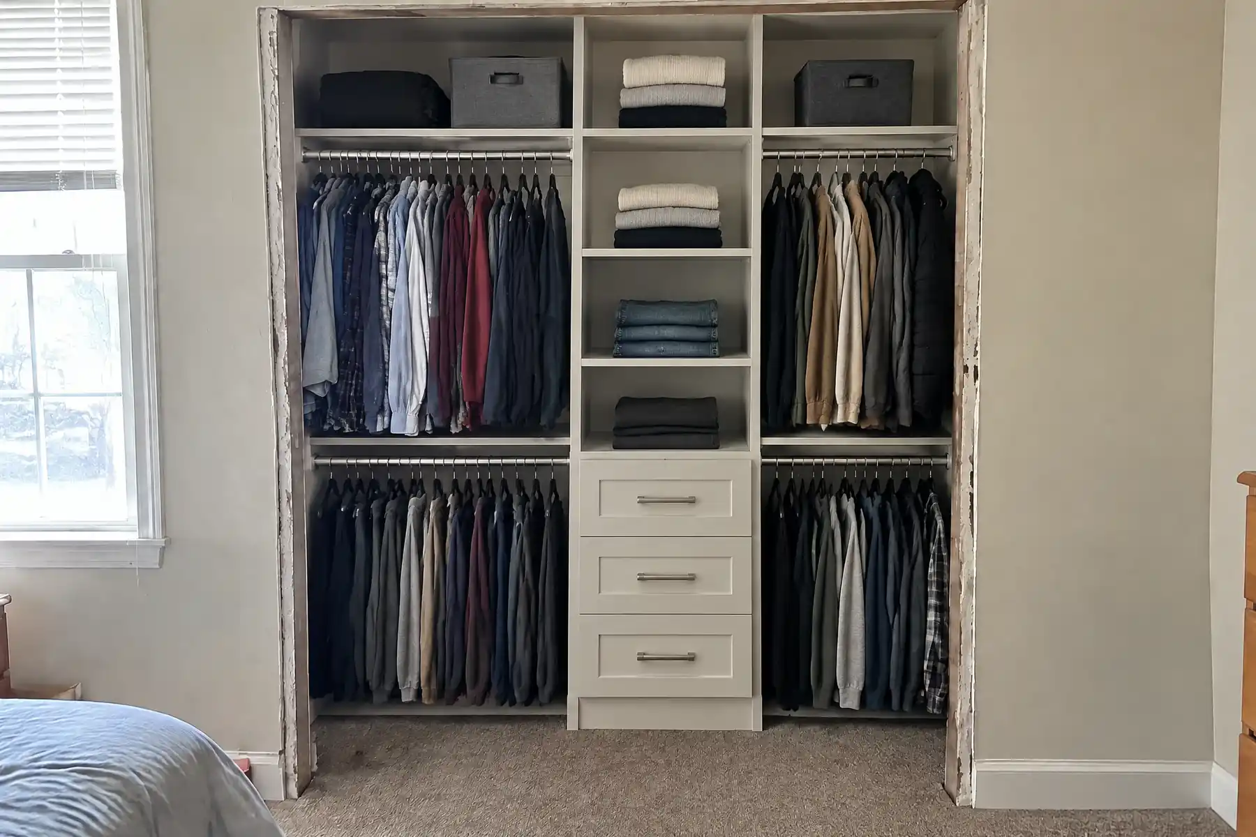 The same closet after fitting with painted double hanging rails, adjustable shelves and drawers