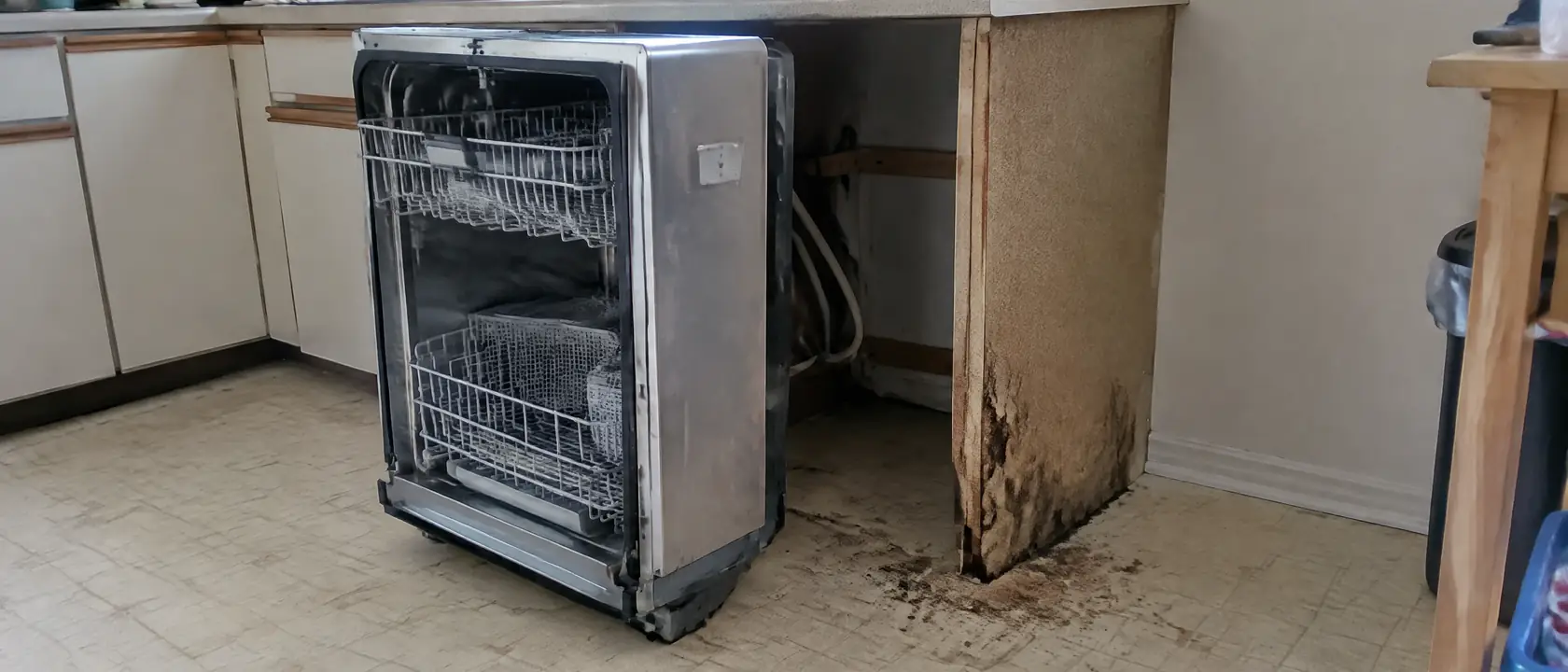 Dishwasher pulled out beside a cabinet end panel swollen and crumbling at the bottom onto worn linoleum
