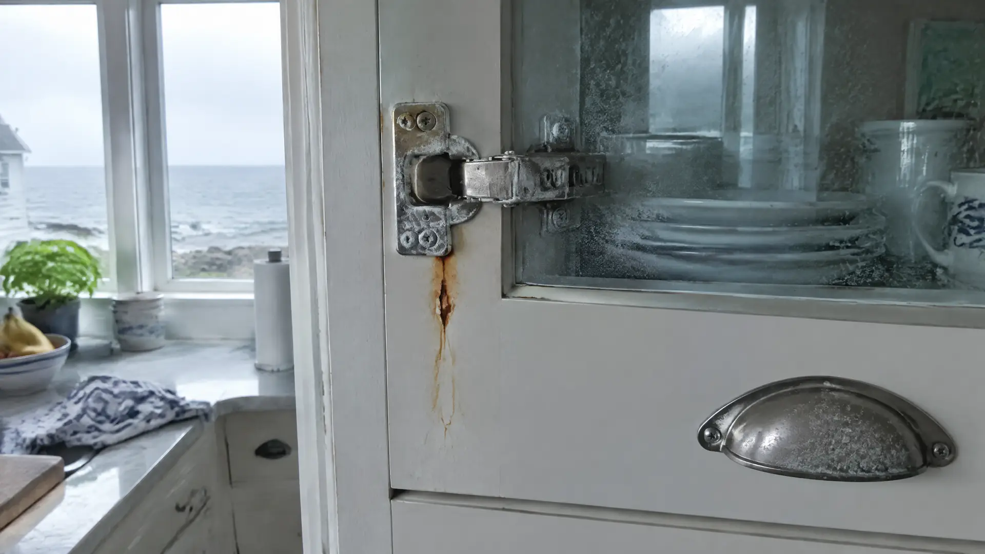 Corrosion bloom around cabinet hinge screws with a rust tear running down the paint below